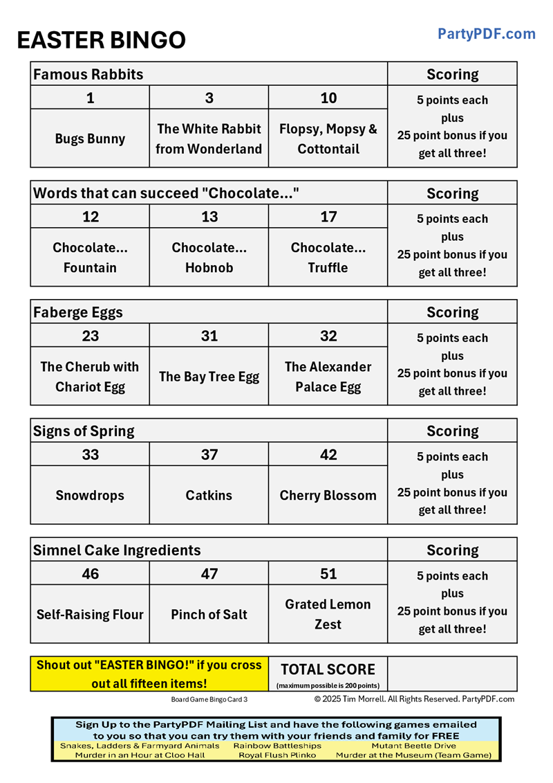 Easter Bingo game sheet with scoring system.