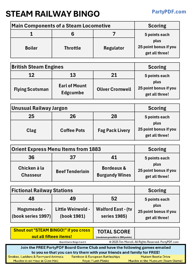 Steam Railway Bingo Packs