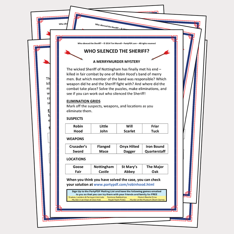 Whodunnit Puzzle Sheet titled 'Who Silenced the Sheriff?' with grid of suspects, weapons and locations.