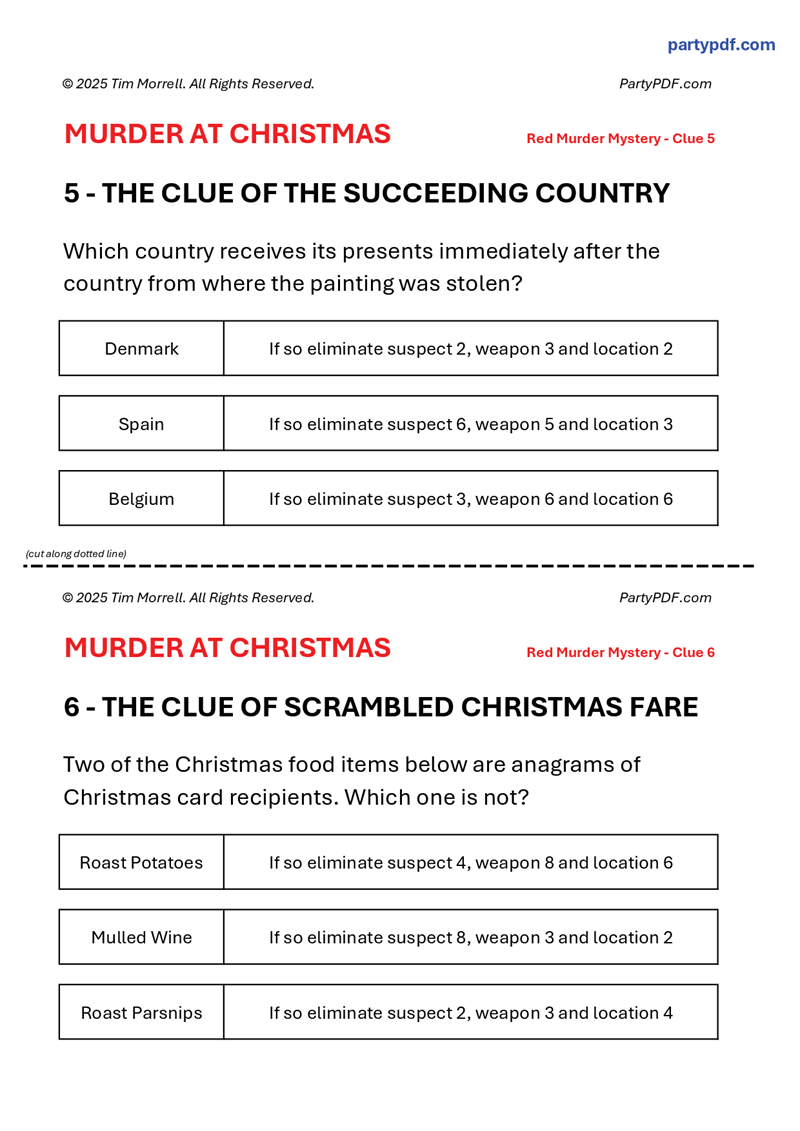 Mystery game clues for 'Murder at Christmas' with text and checkboxes.