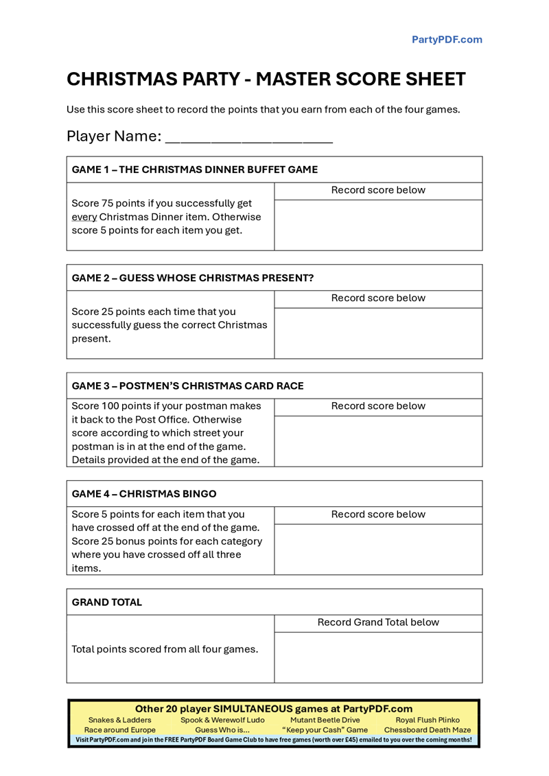 Christmas Board Game Tournament Packs - Up to 20 players