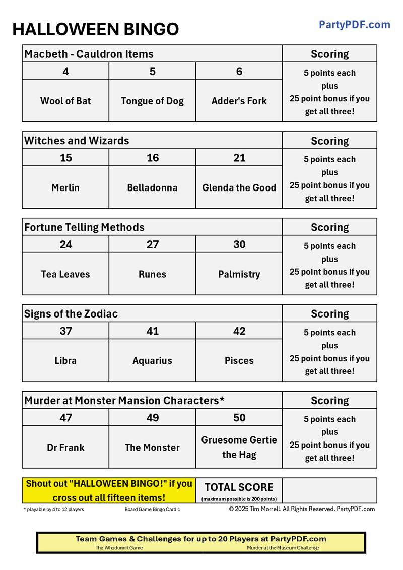 Halloween Board Game Party Pack - maximum 20 players