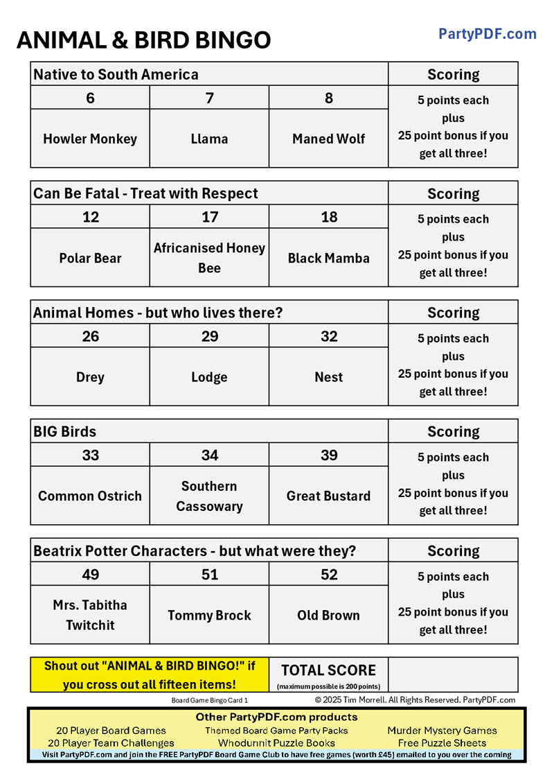 Animal Themed Board Game Tournament Packs - Up to 20 players