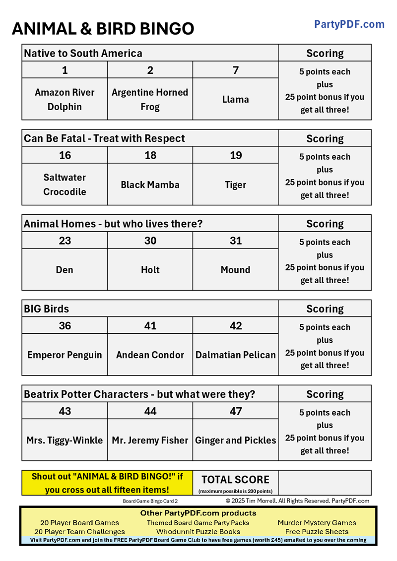 Animal Themed Board Game Tournament Packs - Up to 20 players