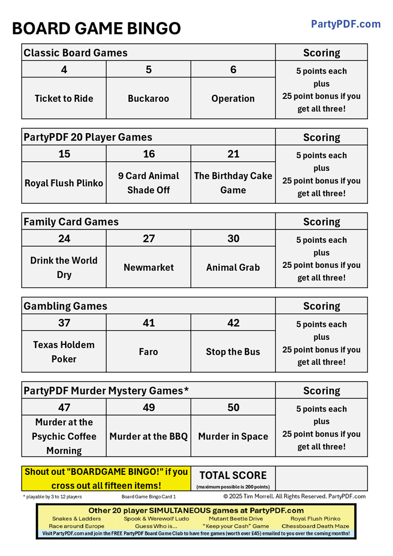 Board Game Club Bingo Packs