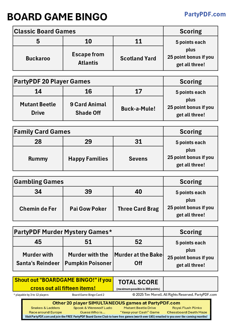 Board Game Club Bingo Packs