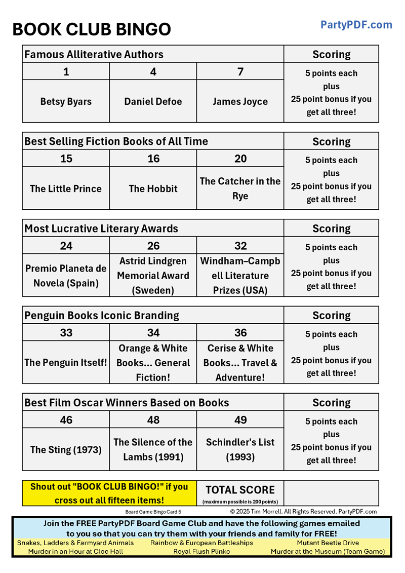 Book Club Bingo Packs