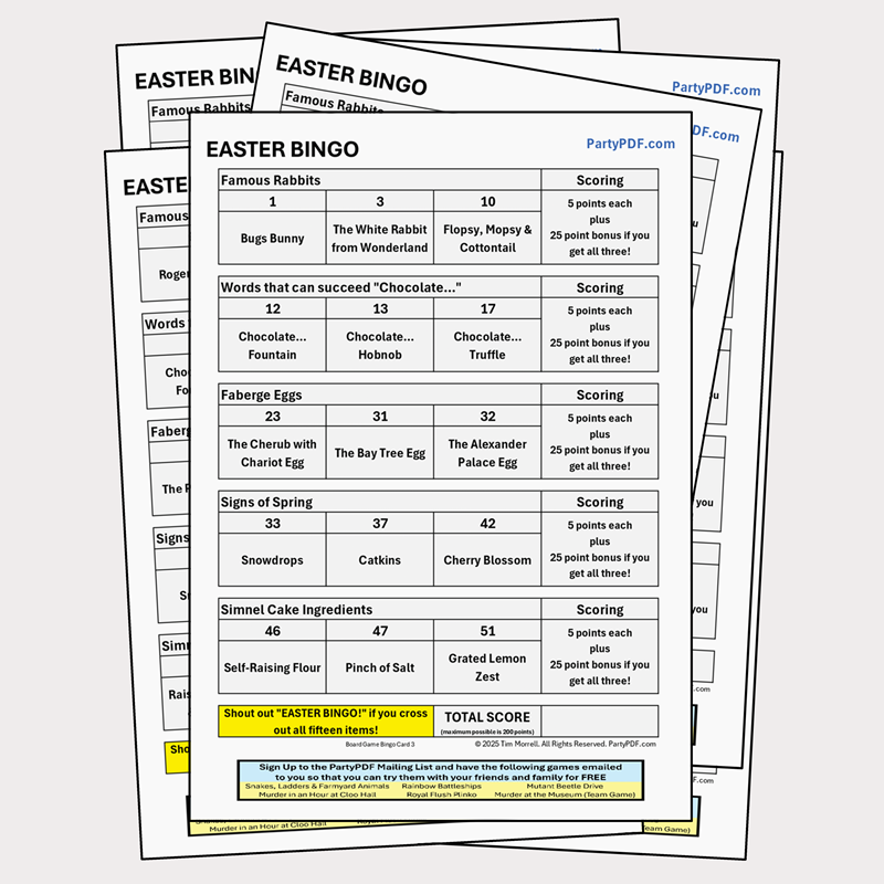 Easter bingo sheets with scoring system.