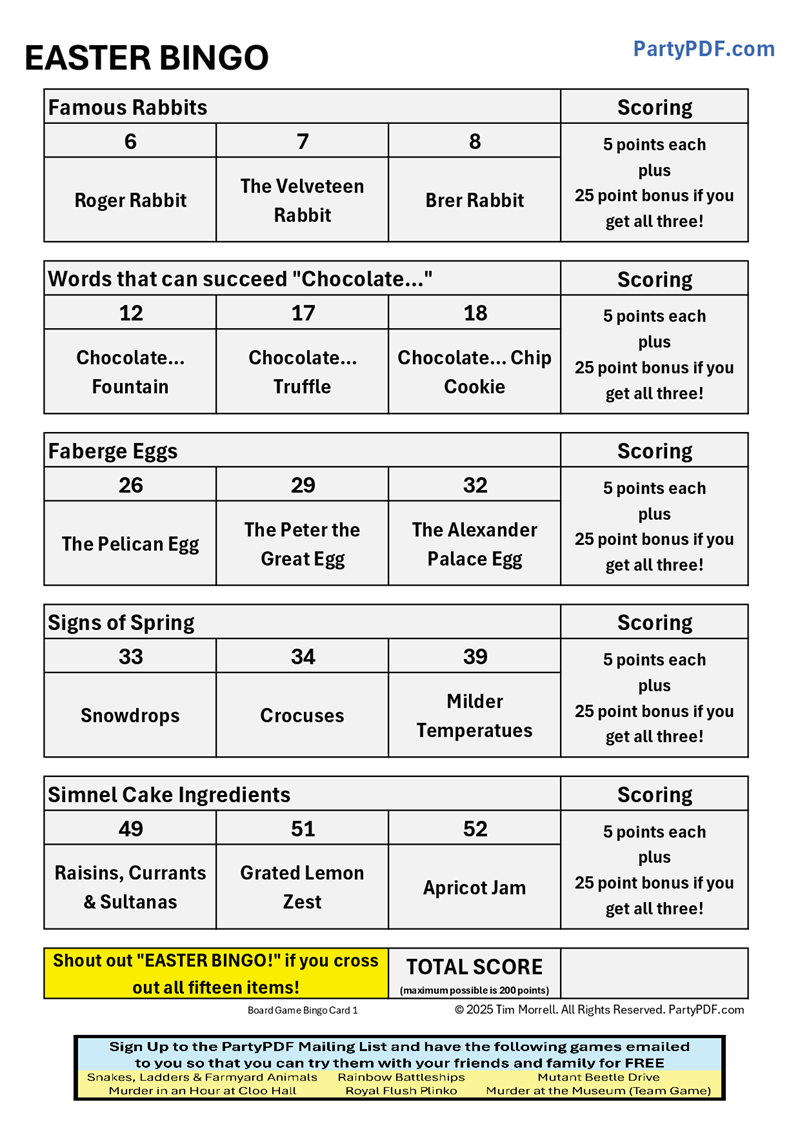 Easter bingo game sheet with scoring system, sourced from PartyPDF.com.