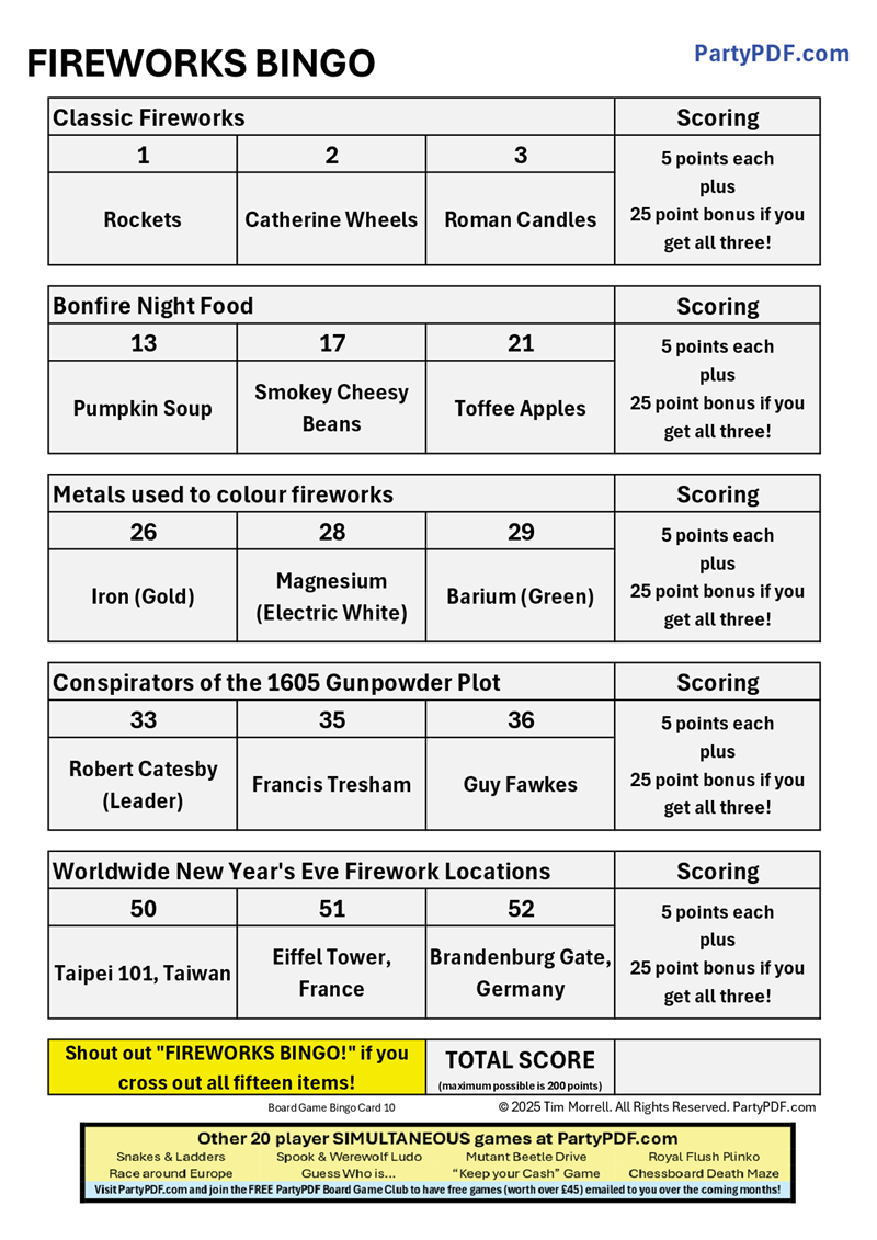 Fireworks Bingo Packs