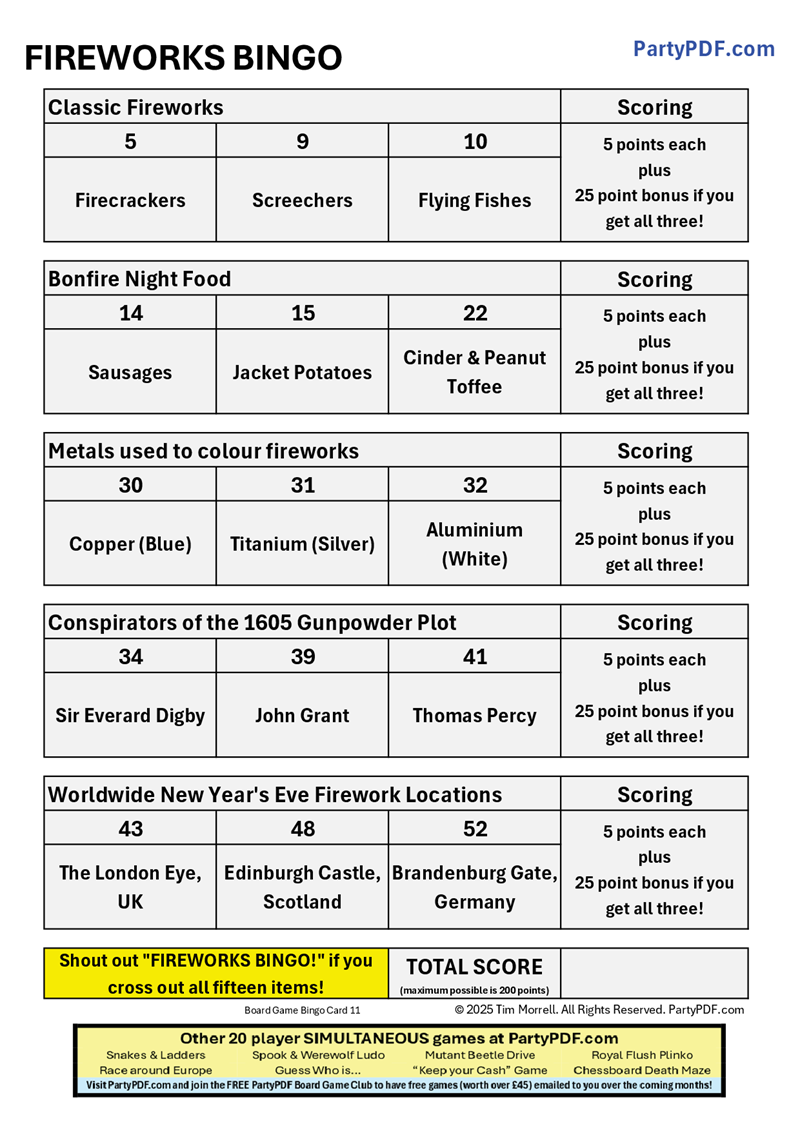 Fireworks Bingo Packs