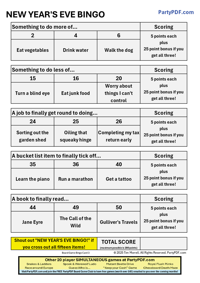 New Year's Eve Bingo Packs