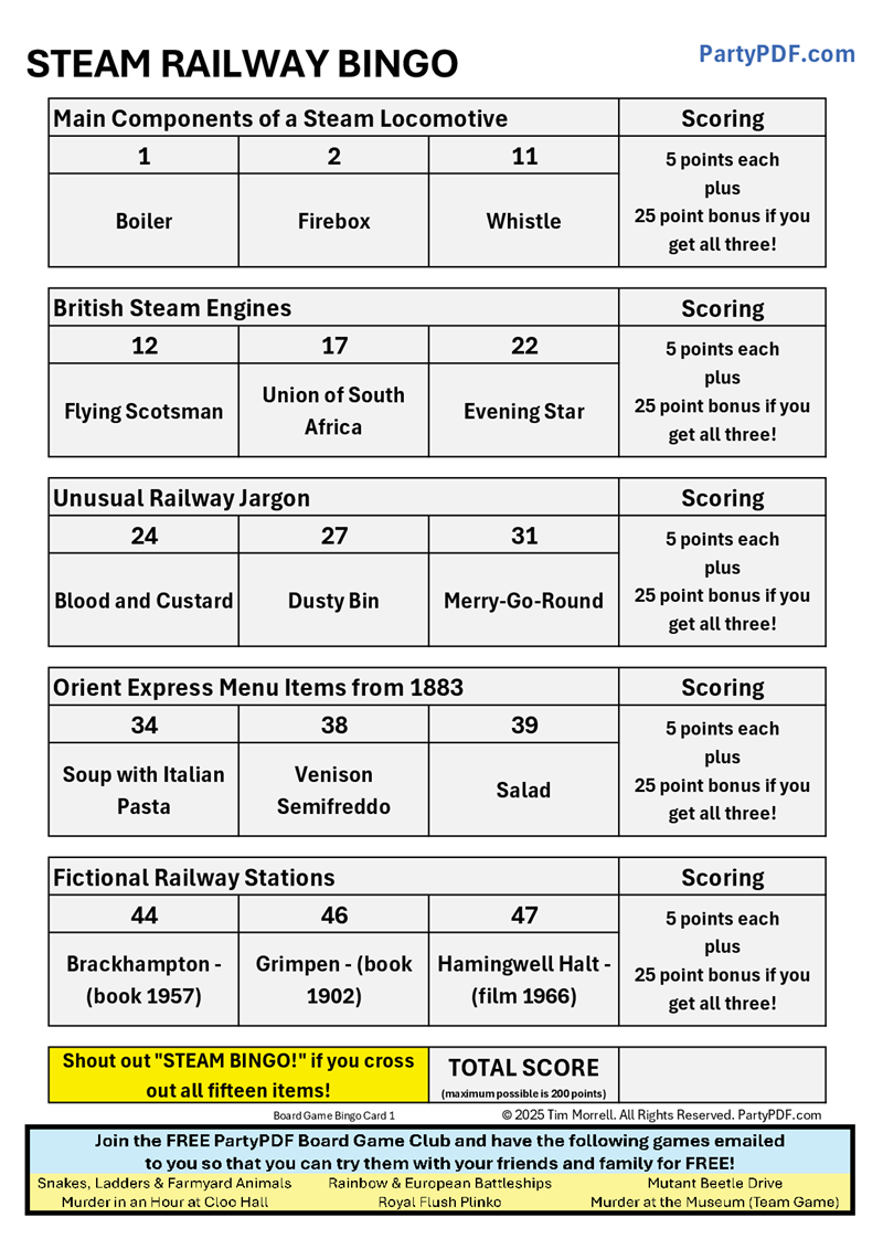 Steam Railway Bingo Packs