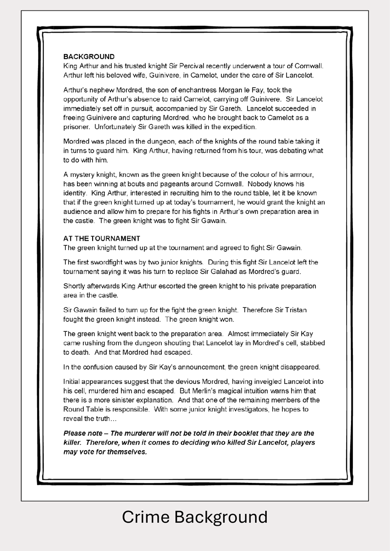 Murder in an Hour in Camelot - 4 to 12 players