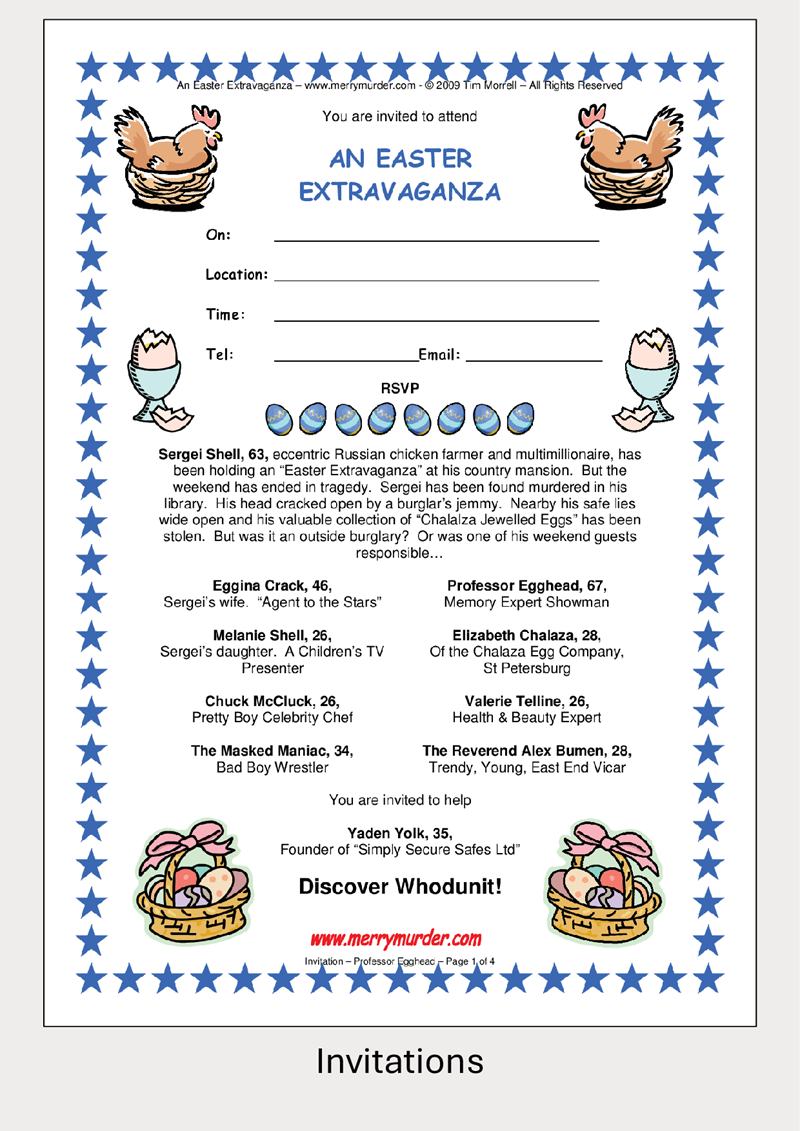 Easter Murder Mystery invitation with chickens, eggs, and baskets on a blue star border