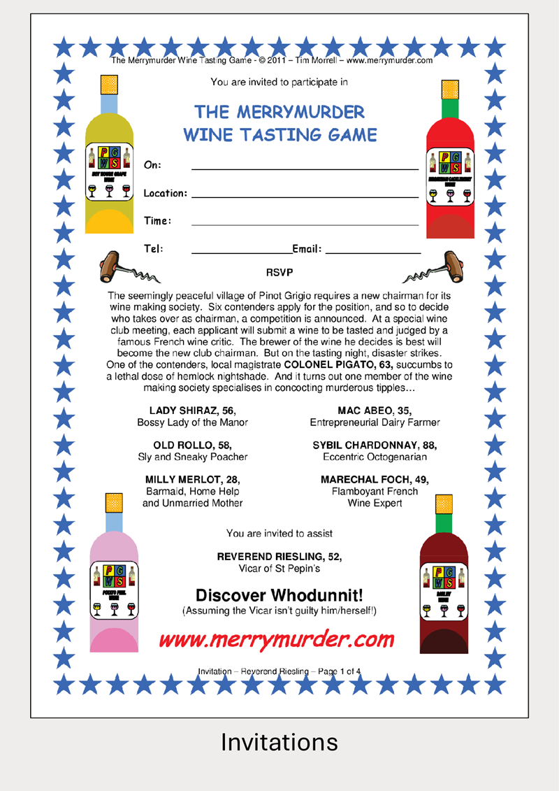 Invitation card for 'The Merrymurder Wine Tasting Game' with wine bottle graphics and text.