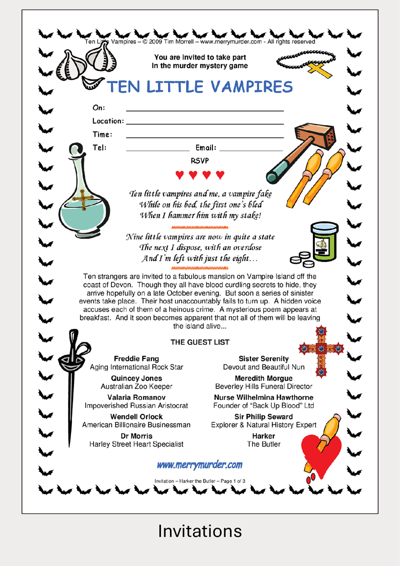 Invitation card for a murder mystery game titled 'Ten Little Vampires' with vampire-themed graphics.