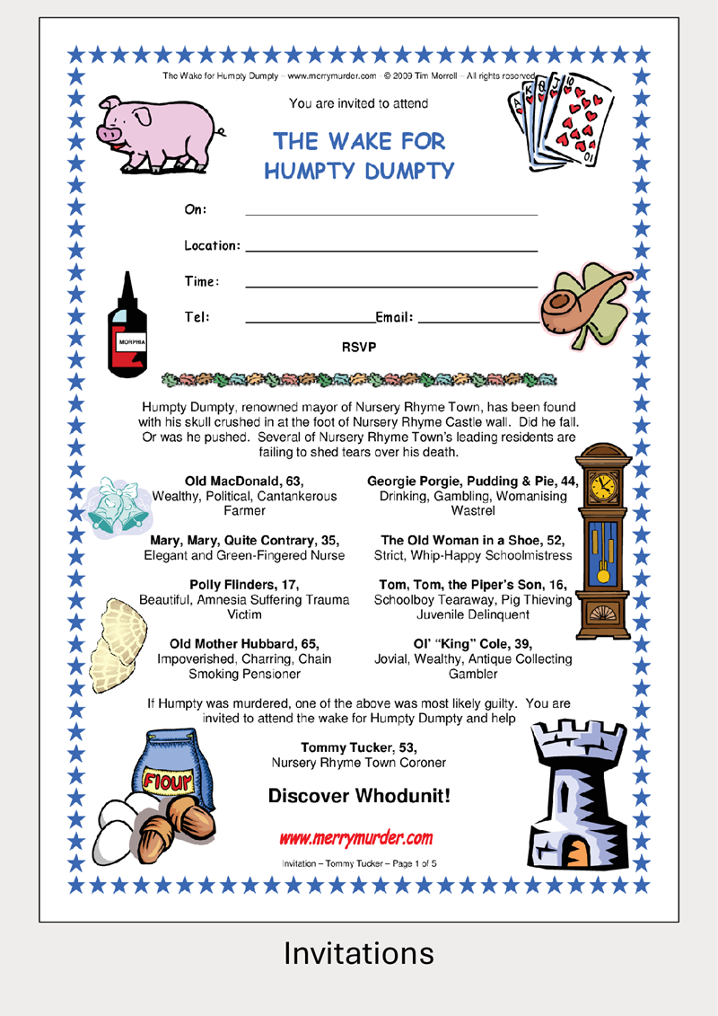 Invitation card for 'The Wake for Humpty Dumpty' with illustrations and text.