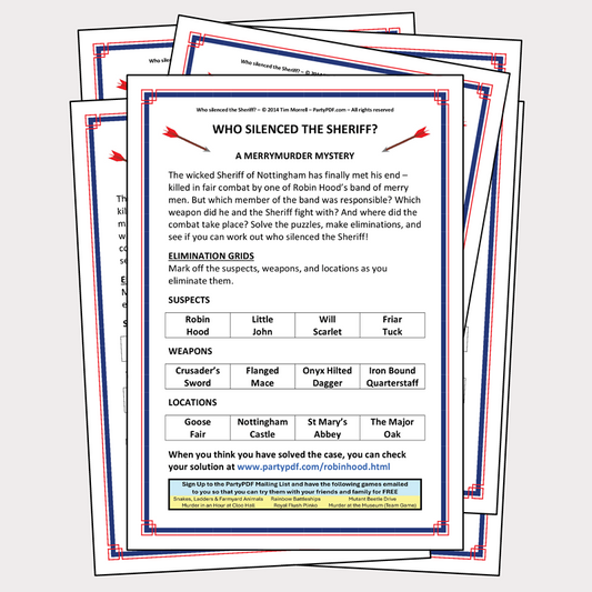 Whodunnit Puzzle Sheet titled 'Who Silenced the Sheriff?' with grid of suspects, weapons and locations.