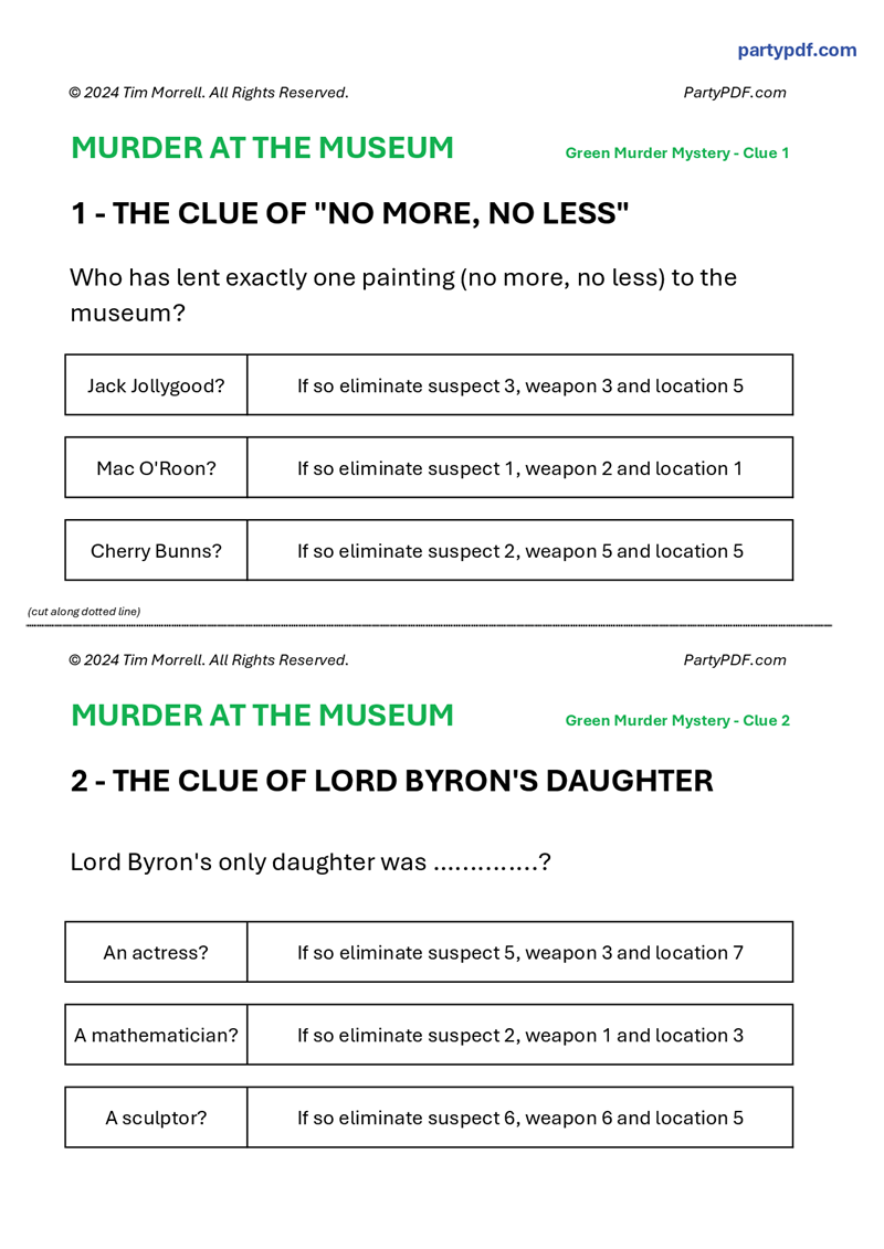 Mystery game clue cards from the murder mystery team game "Murder at the Museum". Multiple choice clue cards with which to eliminate suspects, weapons and locations.