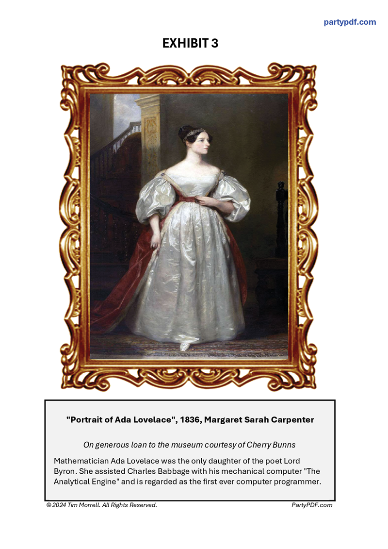 Museum exhibit from "Murder at the Museum". Portrait of Ada Lovelace in a decorative frame with text about her and the Analytical Engine.