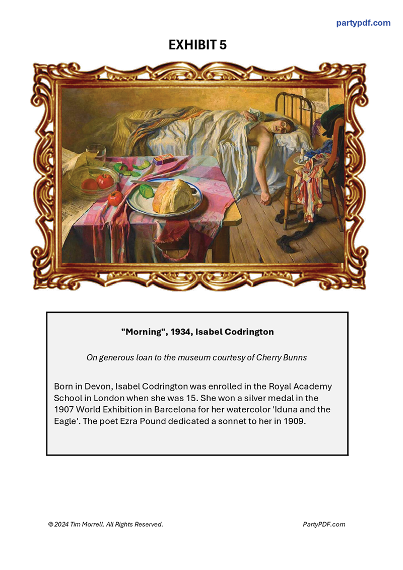 Framed painting of a woman at a table with a gold frame, displayed on a white background. An exhibit from the murder mystery team game "Murder at the Museum".