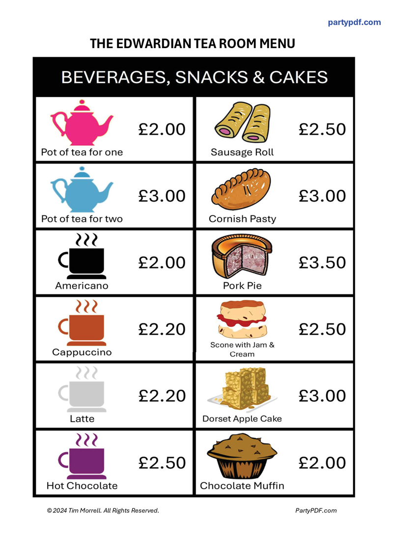 Menu for The Edwardian Tea Room with beverages, snacks, and cakes and their prices. A clue from the murder mystery team game "Murder at the Museum".
