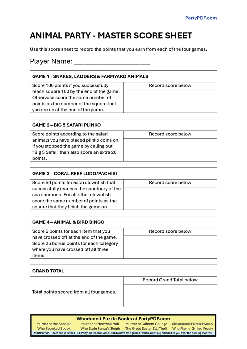 Animal Themed Board Game Tournament Packs - Up to 20 players