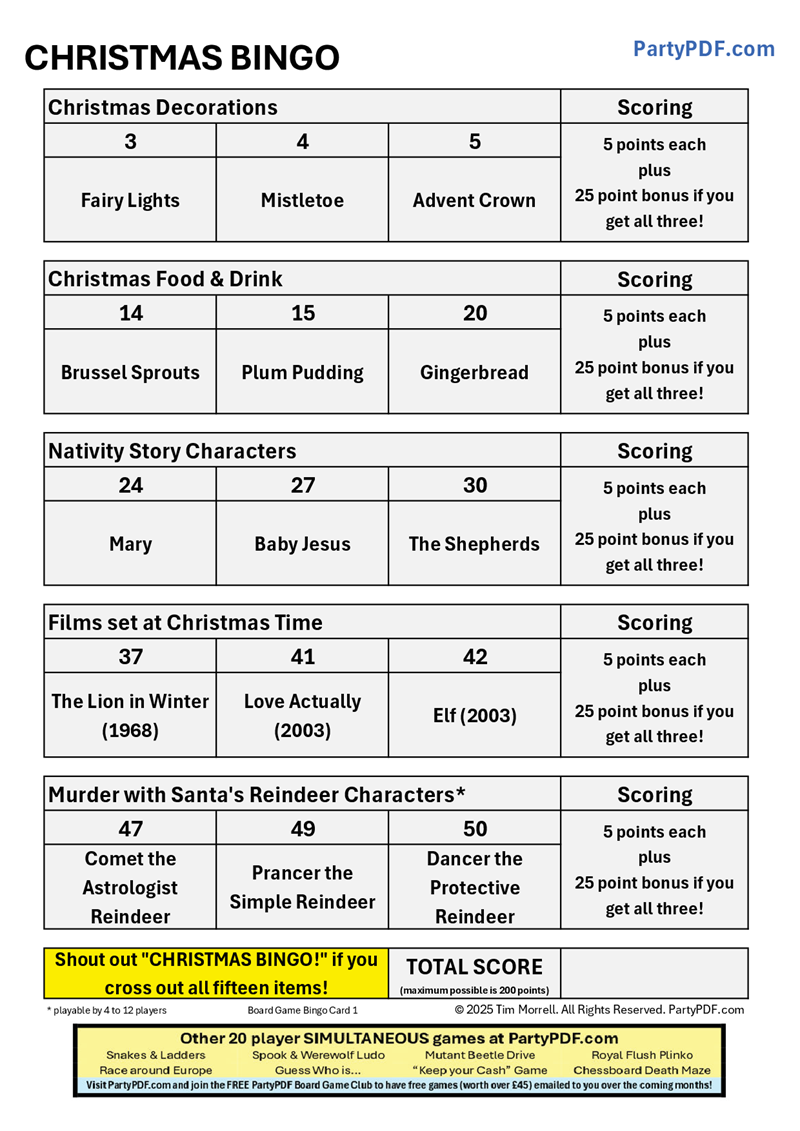 Christmas Board Game Tournament Packs - Up to 20 players