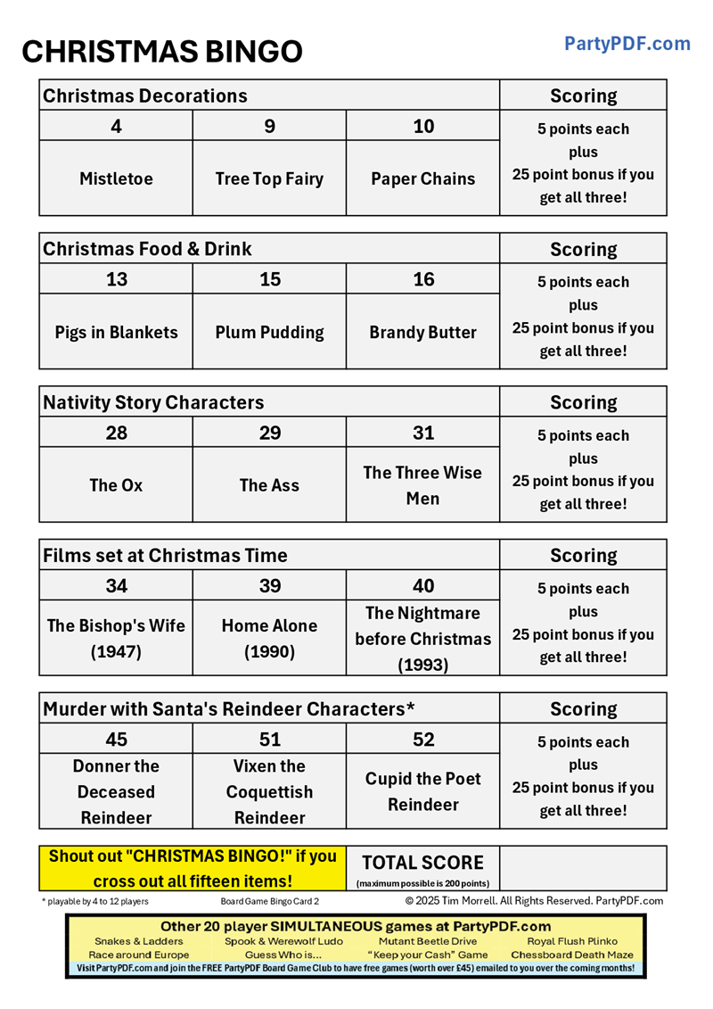 Christmas Board Game Tournament Packs - Up to 20 players