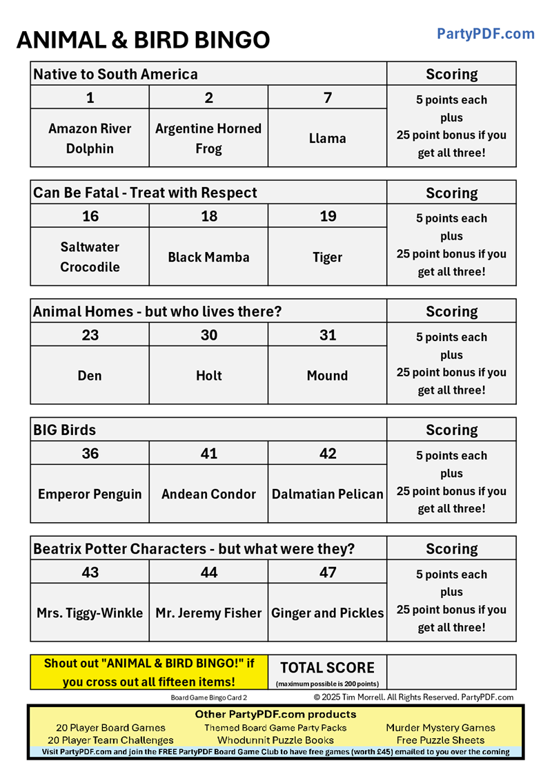 Animal Themed Board Game Party Pack - up to 20 players