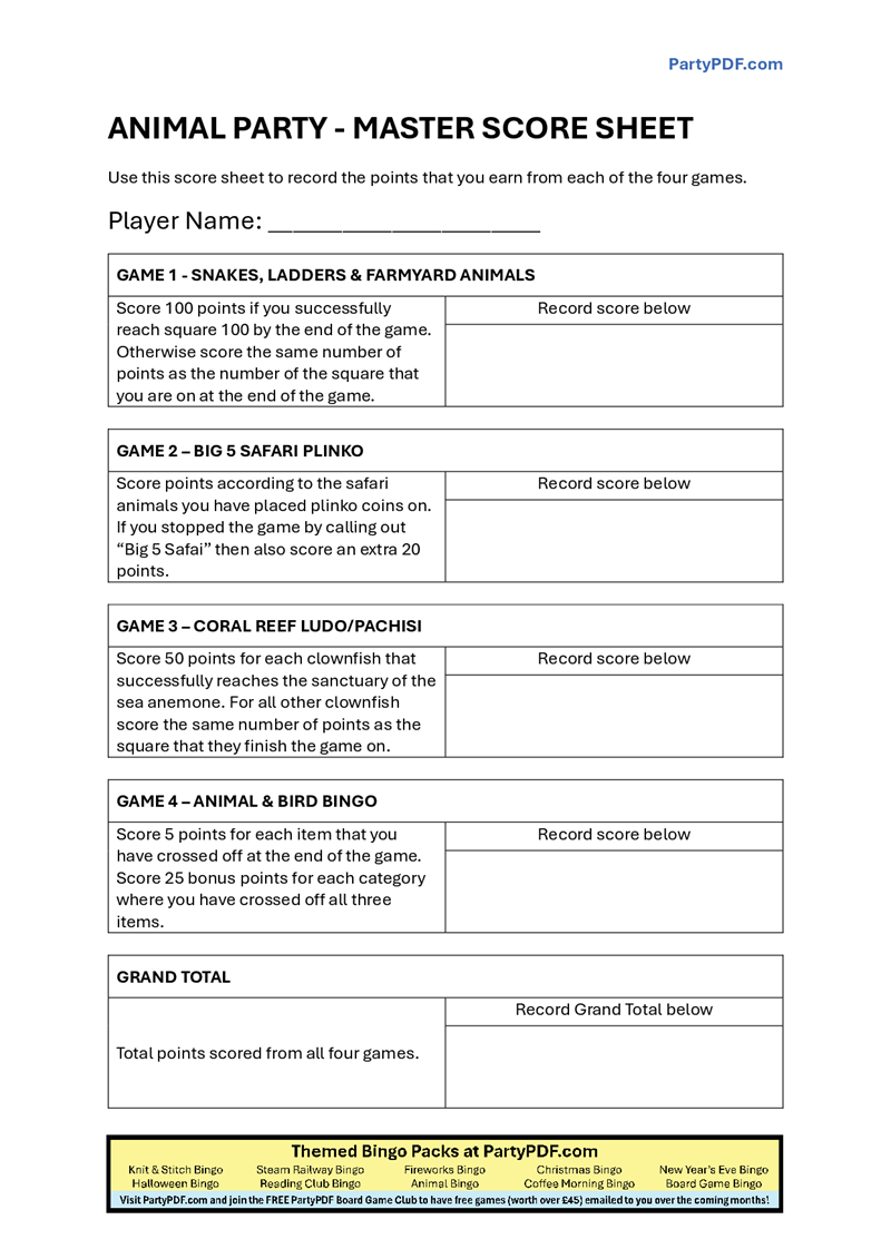 Animal Themed Board Game Party Pack - up to 20 players