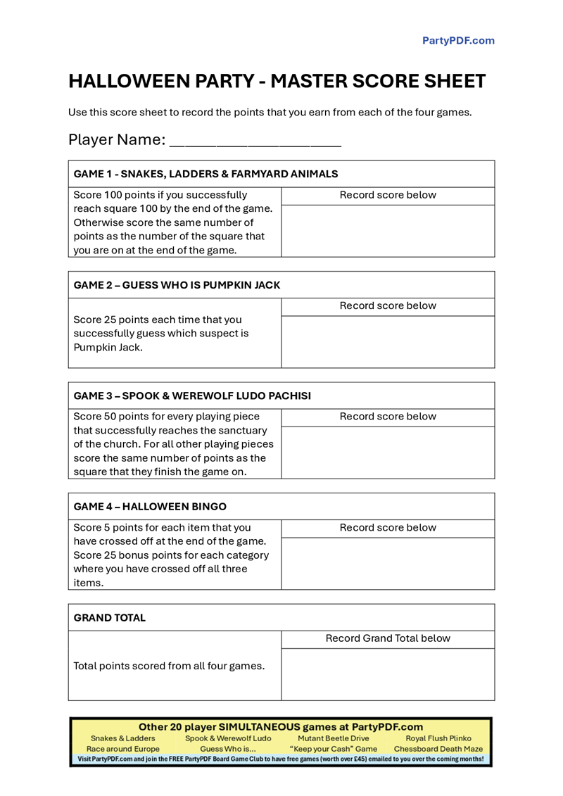Halloween Board Game Party Pack - maximum 20 players