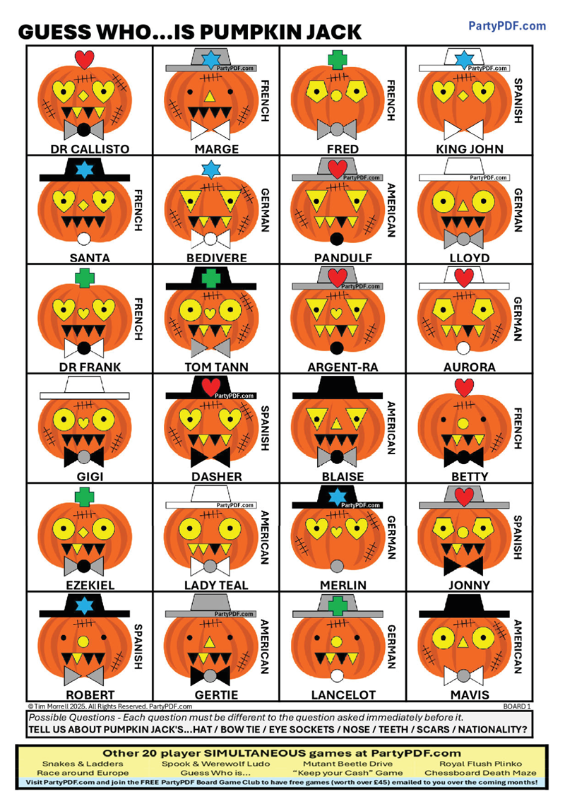 Halloween Board Game Party Pack - maximum 20 players