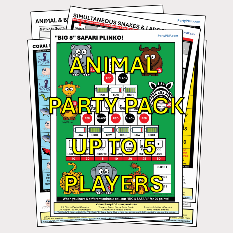 Animal Themed Board Game Party Pack - up to 5 players