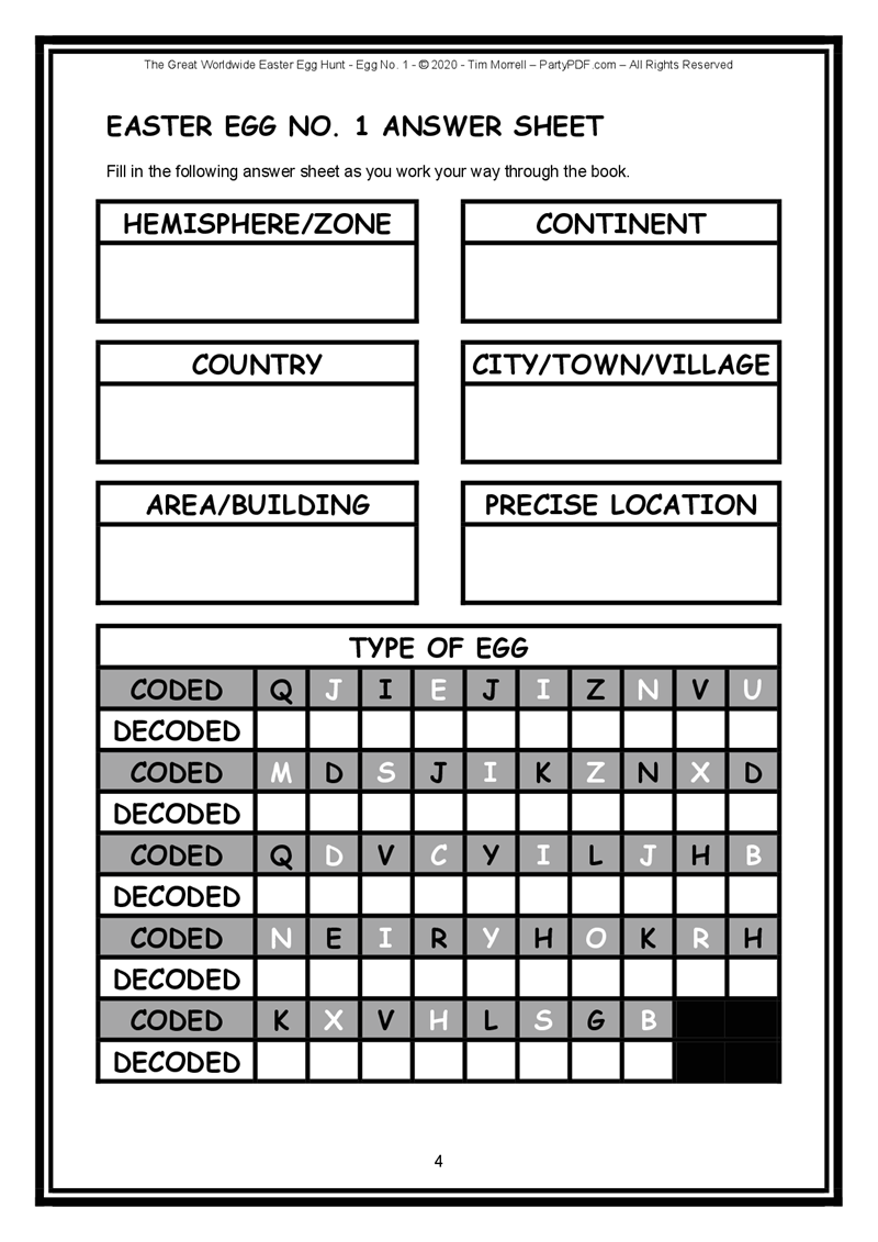 Easter egg hunt answer sheet with coded and decoded letters