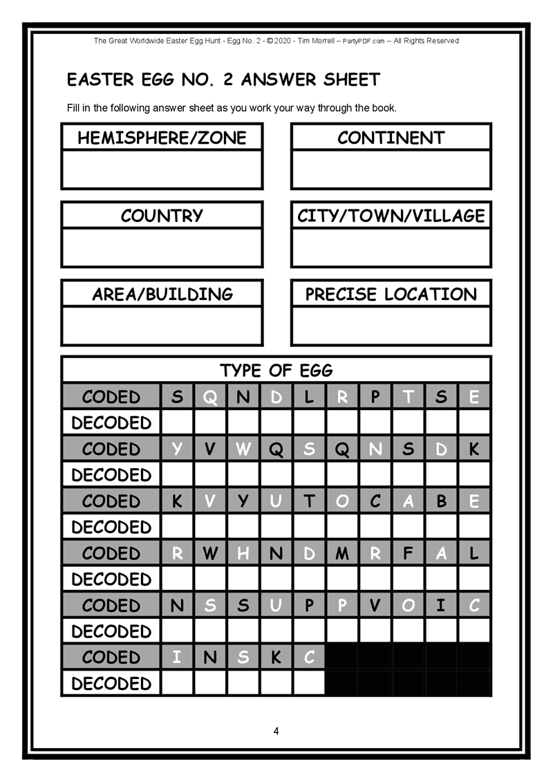 Easter egg hunt answer sheet with coded and decoded text