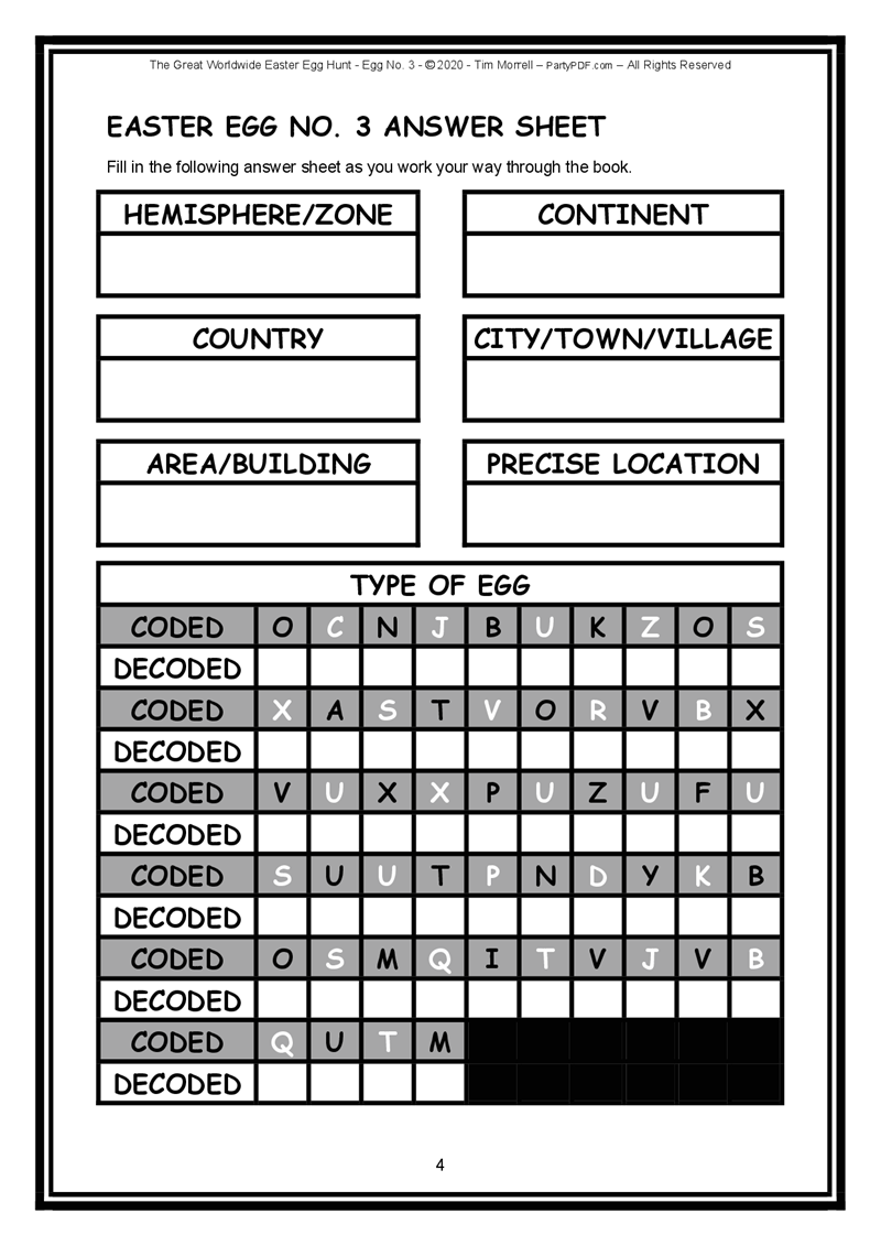 Easter Egg No. 3 Answer Sheet with coded and decoded text