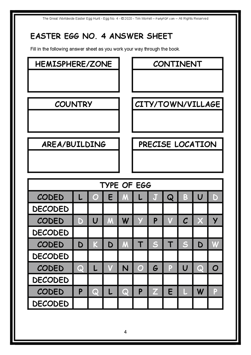 Easter egg hunt answer sheet with coded and decoded letters