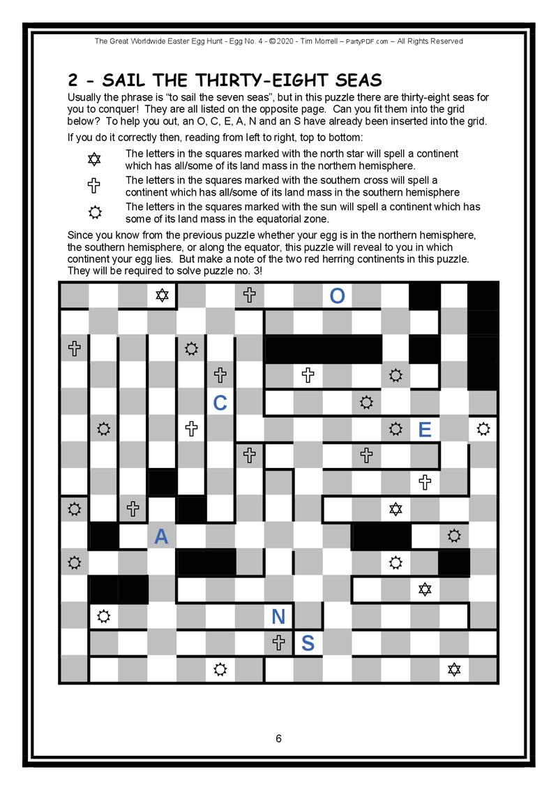 Puzzle sheet titled 'Sail the Thirty-Eight Seas' with a grid and text instructions.