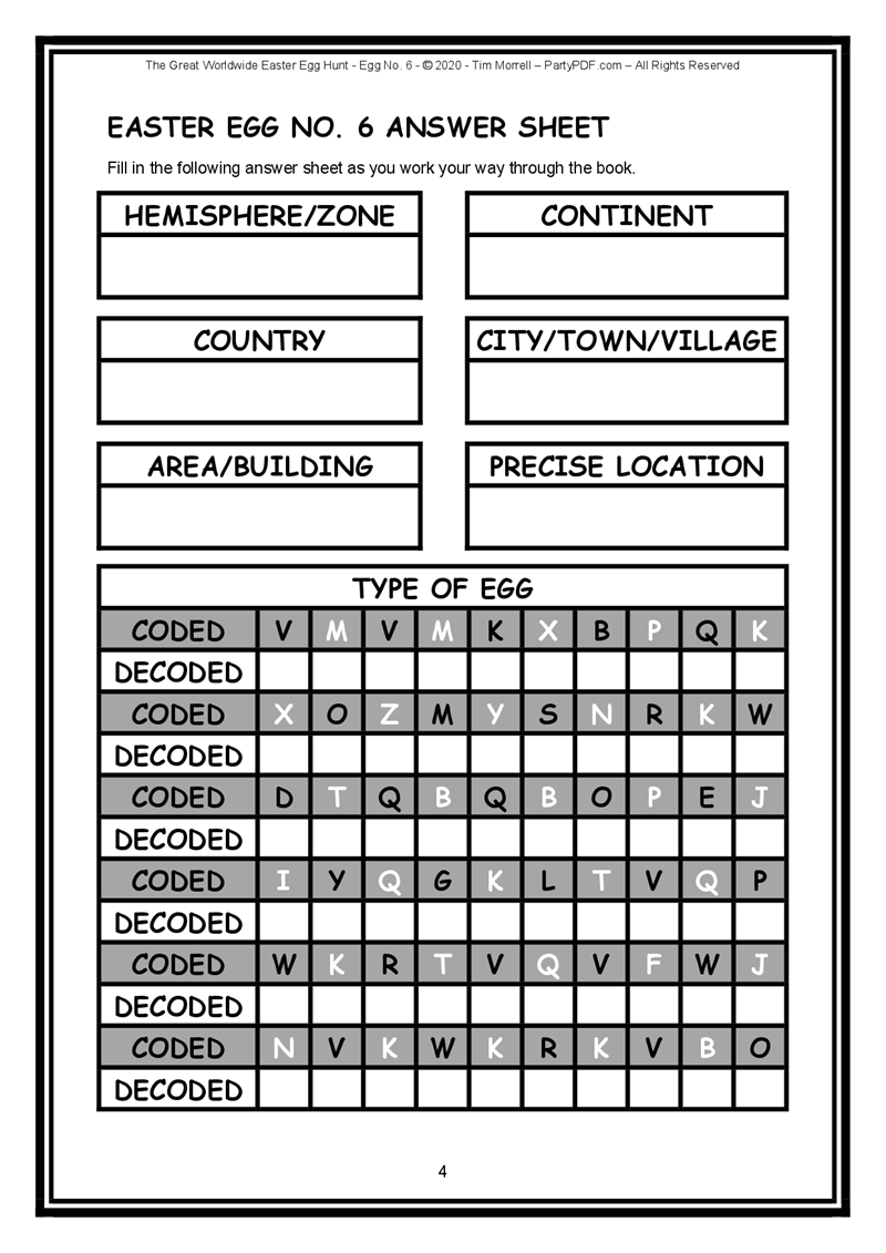 Easter Egg No. 6 Answer Sheet with coded and decoded letters