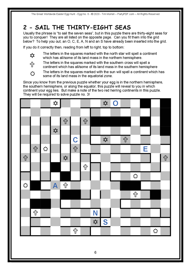 Puzzle grid with letters and symbols, labeled 'Sail the Thirty-Eight Seas', with a black border.